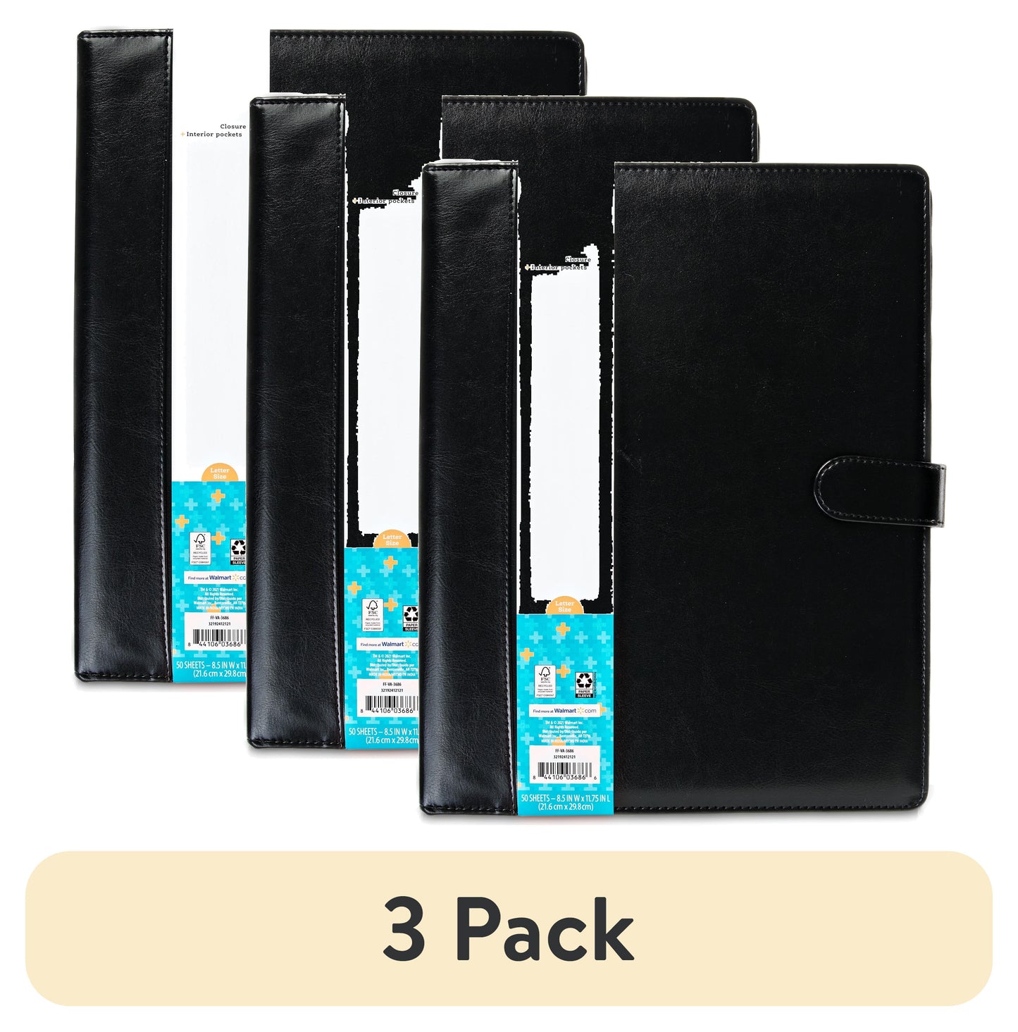 (3 Pack) Leatherette Padfolio with Writing Pad, Black
