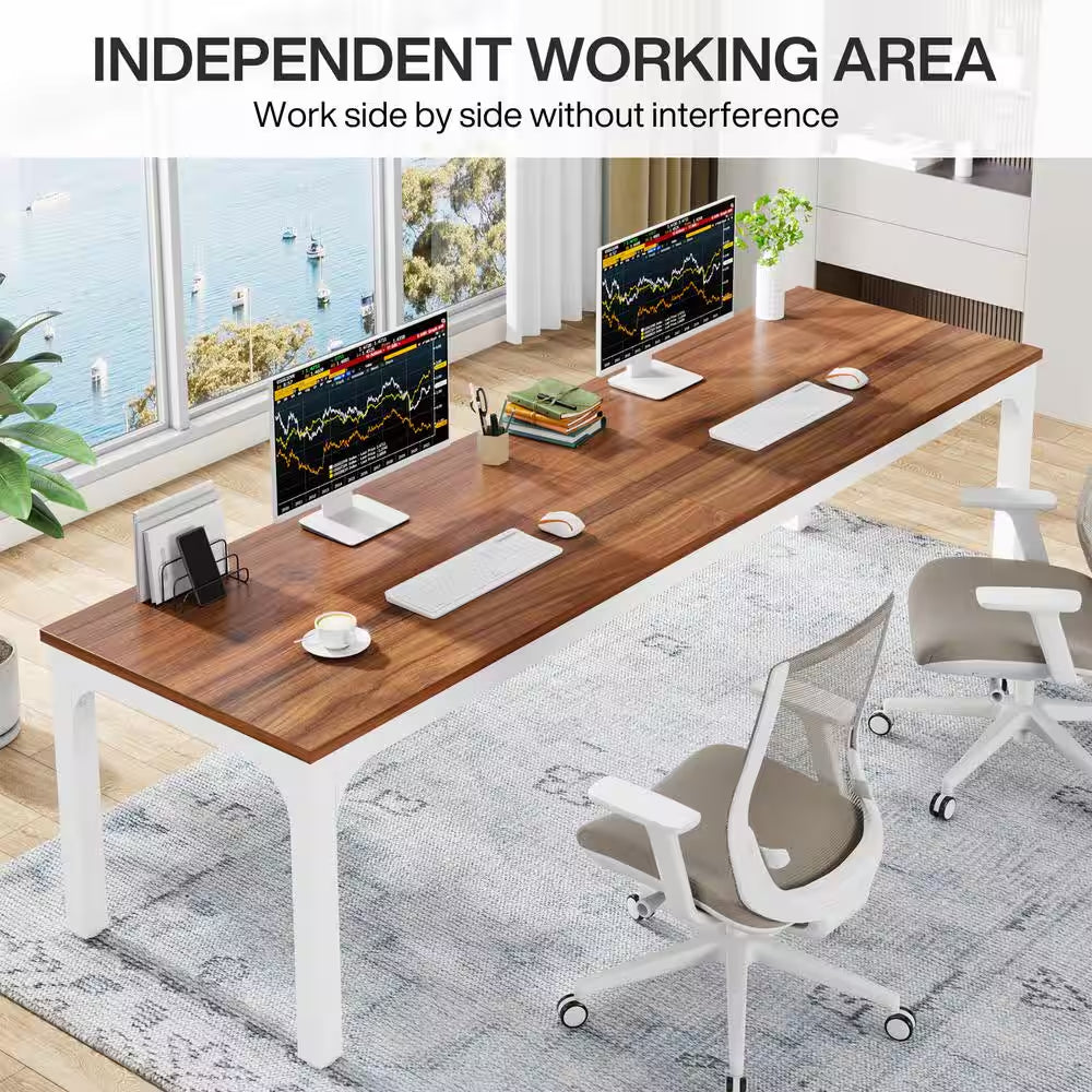 Moronia 78.7 In. Rectangular Walnut & White, Black Wood 2-Person Computer Desk with Adjustable Foot Pads for Home Office