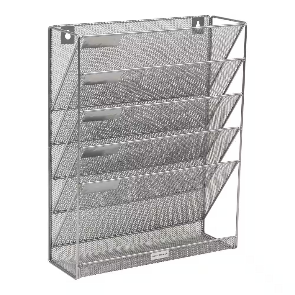 16 In. H X 4 In. W X 12.75 In. D Vertical File Storage Desktop Organizer Angled Wall Mount Metal Silver