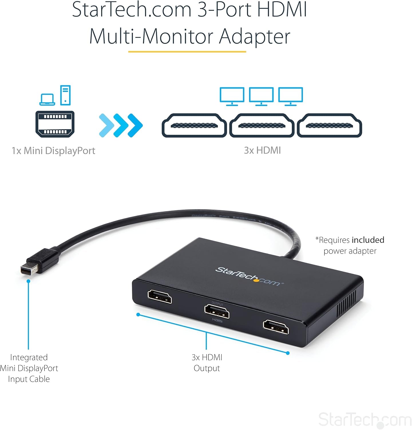 .Com 3-Port Multi Monitor Adapter - Mini Displayport to HDMI MST Hub - Triple 1080P/Dual 4K 30Hz - Video Splitter for Extended Desktop Mode on Windows Only - Mdp 1.2 to 3X HDMI (MSTMDP123HD)