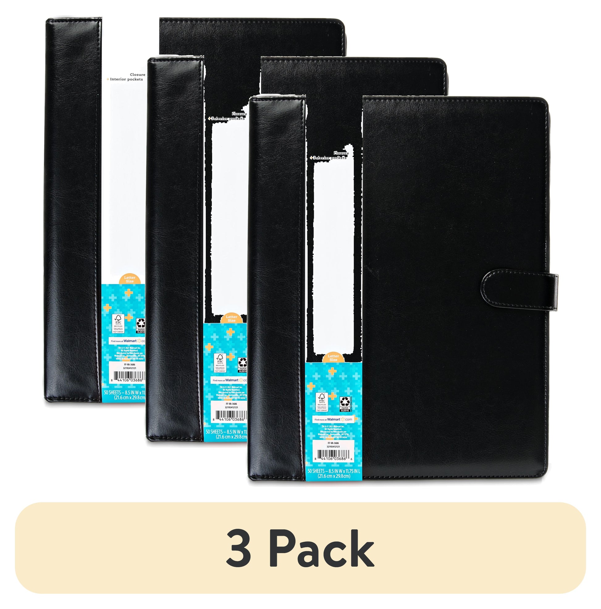 (3 Pack)  Leatherette Padfolio with Writing Pad, Black