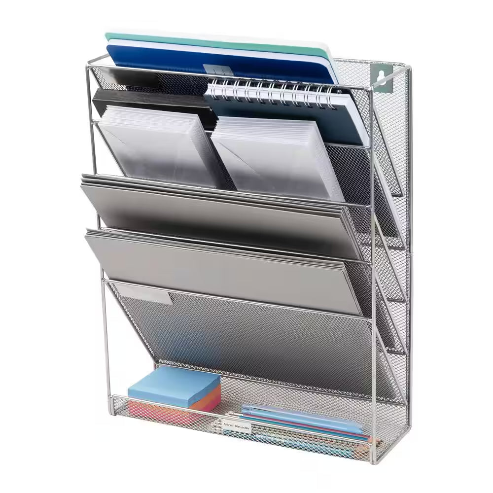 16 In. H X 4 In. W X 12.75 In. D Vertical File Storage Desktop Organizer Angled Wall Mount Metal Silver
