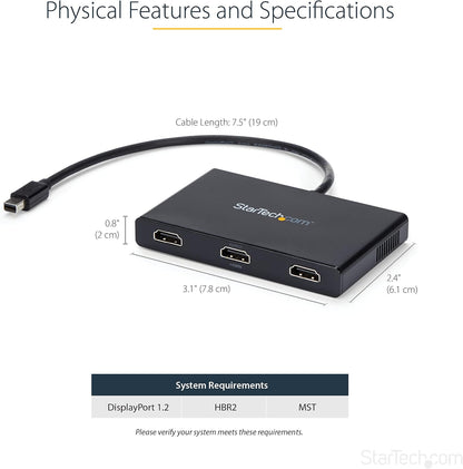 .Com 3-Port Multi Monitor Adapter - Mini Displayport to HDMI MST Hub - Triple 1080P/Dual 4K 30Hz - Video Splitter for Extended Desktop Mode on Windows Only - Mdp 1.2 to 3X HDMI (MSTMDP123HD)