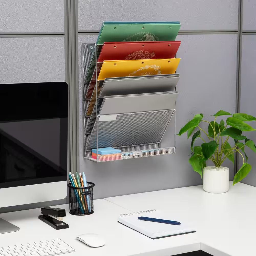 16 In. H X 4 In. W X 12.75 In. D Vertical File Storage Desktop Organizer Angled Wall Mount Metal Silver