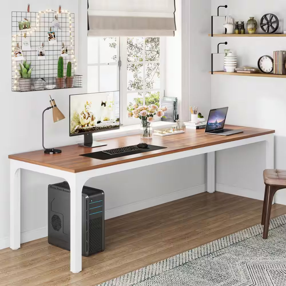 Moronia 78.7 In. Rectangular Walnut & White, Black Wood 2-Person Computer Desk with Adjustable Foot Pads for Home Office