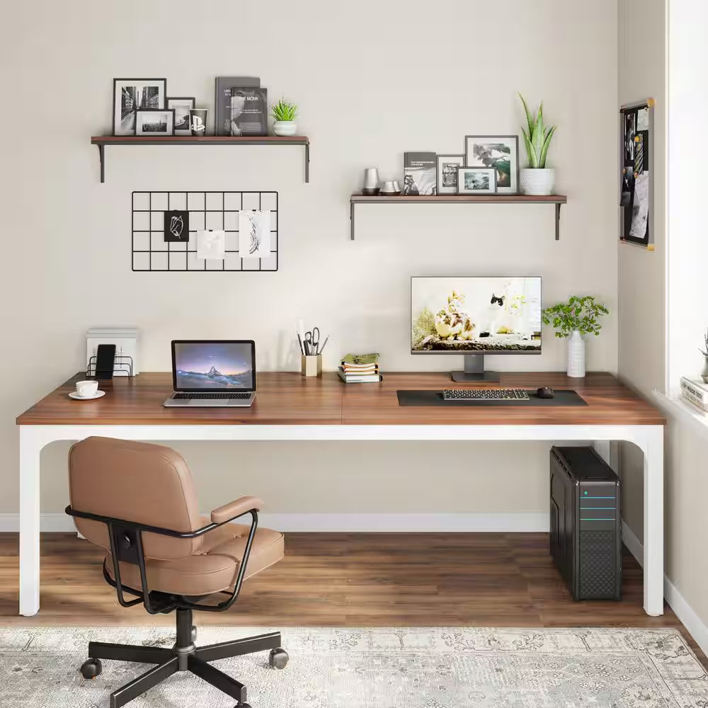 Moronia 78.7 In. Rectangular Walnut & White, Black Wood 2-Person Computer Desk with Adjustable Foot Pads for Home Office