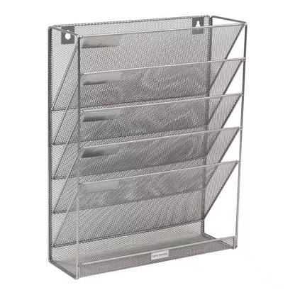 16 In. H X 4 In. W X 12.75 In. D Vertical File Storage Desktop Organizer Angled Wall Mount Metal Silver