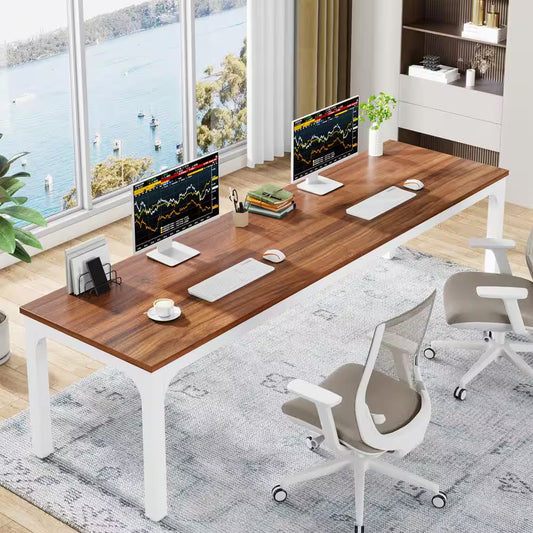 Moronia 78.7 In. Rectangular Walnut & White, Black Wood 2-Person Computer Desk with Adjustable Foot Pads for Home Office
