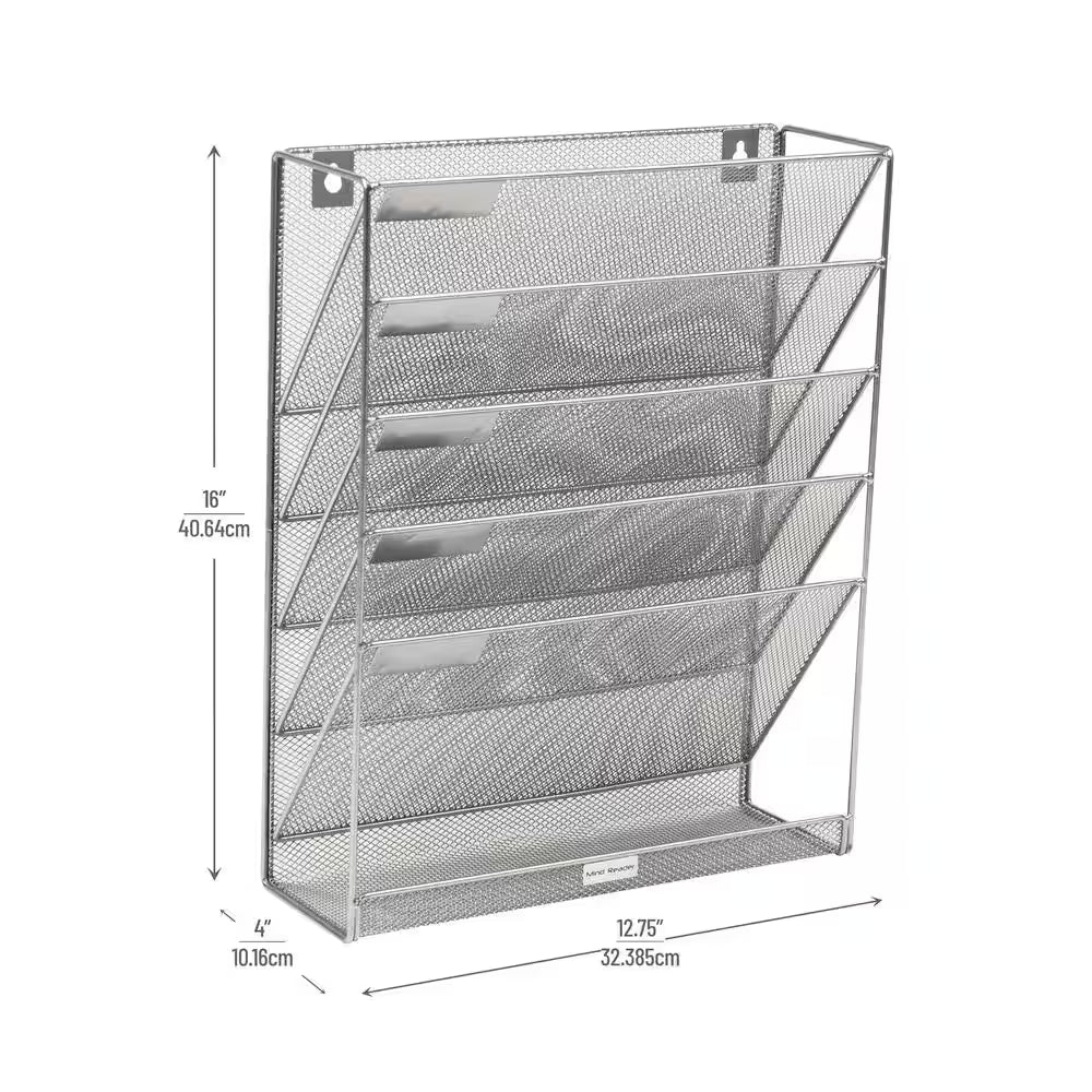 16 In. H X 4 In. W X 12.75 In. D Vertical File Storage Desktop Organizer Angled Wall Mount Metal Silver