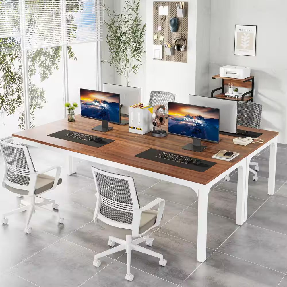 Moronia 78.7 In. Rectangular Walnut & White, Black Wood 2-Person Computer Desk with Adjustable Foot Pads for Home Office