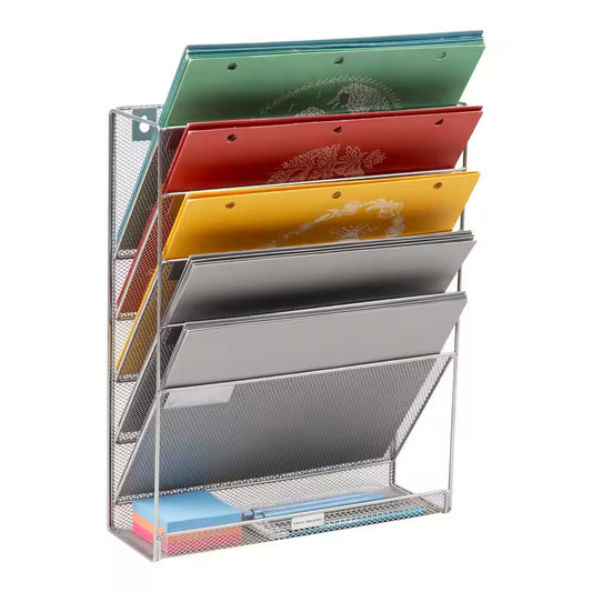 16 In. H X 4 In. W X 12.75 In. D Vertical File Storage Desktop Organizer Angled Wall Mount Metal Silver