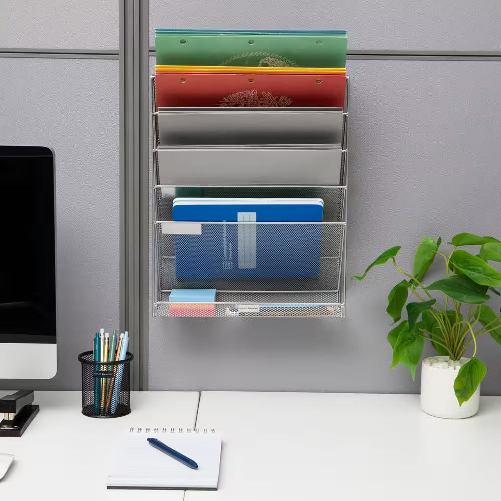 16 In. H X 4 In. W X 12.75 In. D Vertical File Storage Desktop Organizer Angled Wall Mount Metal Silver